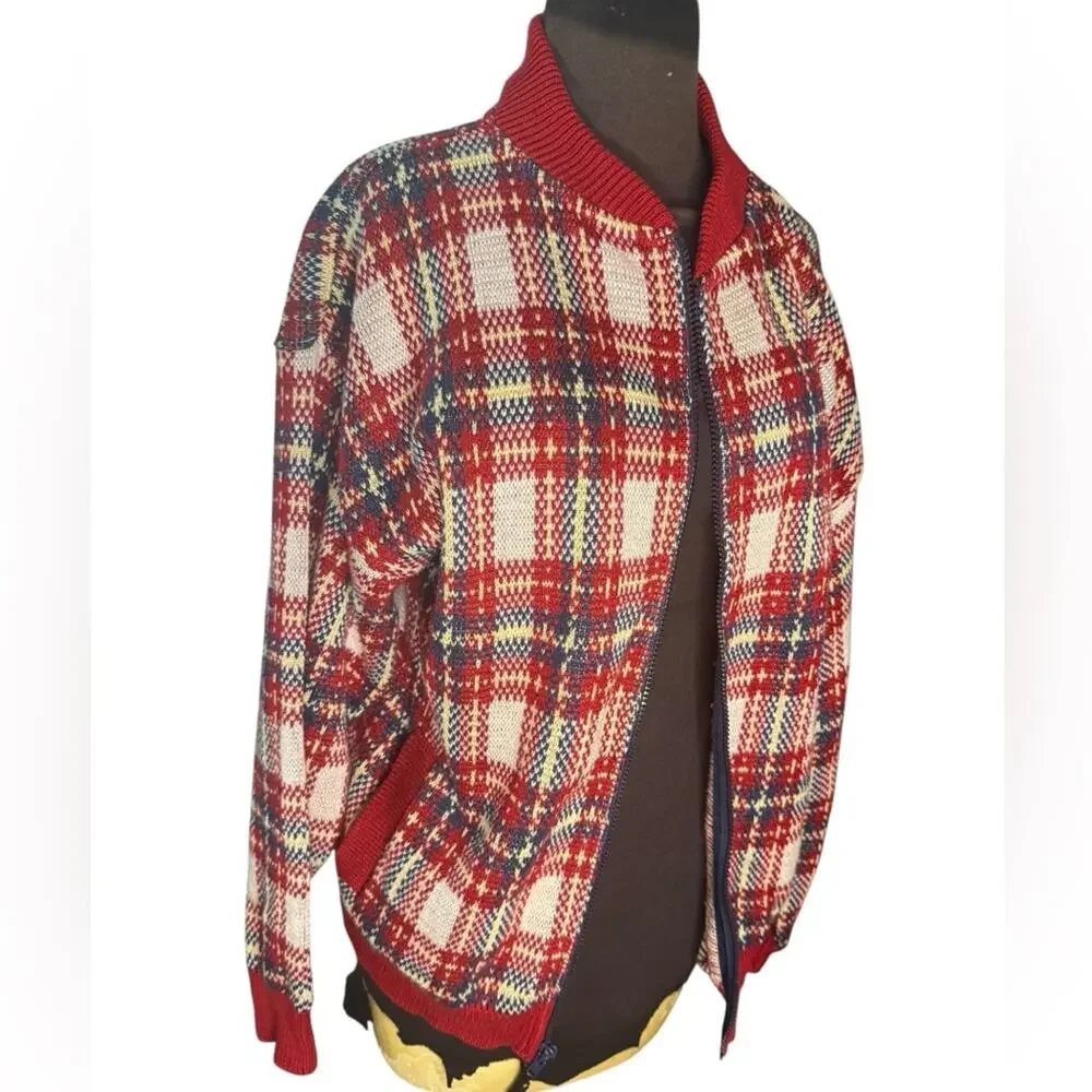Lands End Cotton Knit Plaid Zip Up Bomber Jacket Cardigan Womens Size M Preppy